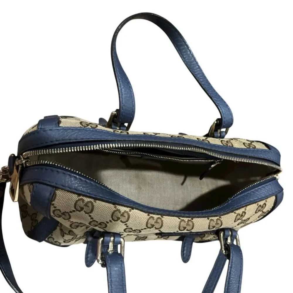 GUCCI Beige Brown GG Canvas Blue Leather Trim Small Belted 2way Boston Bag